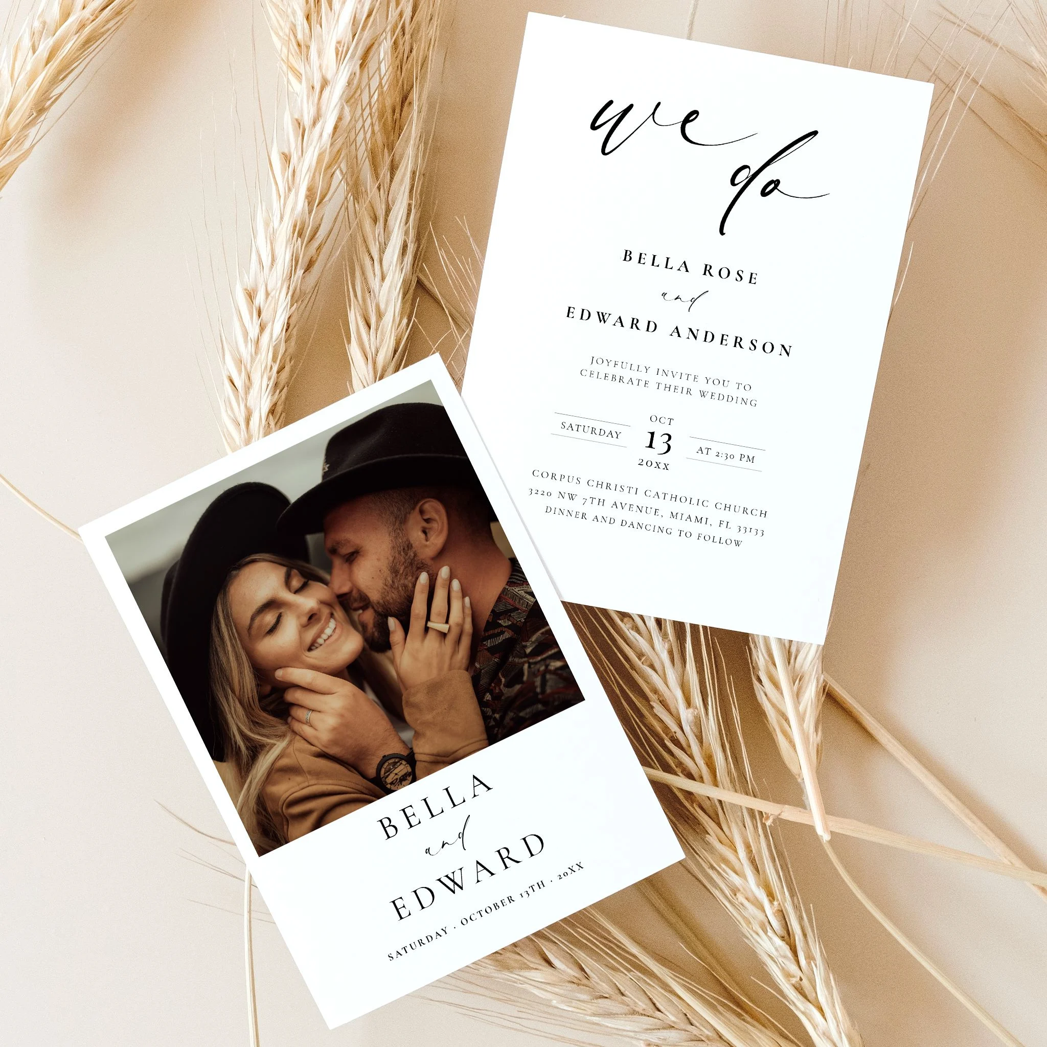 Minimalist wedding invitation with a couple's photo set against a backdrop of dry leaves.