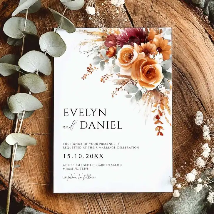 Elegant fall wedding invitation with watercolor amber roses, merlot dahlias, and soft greenery.