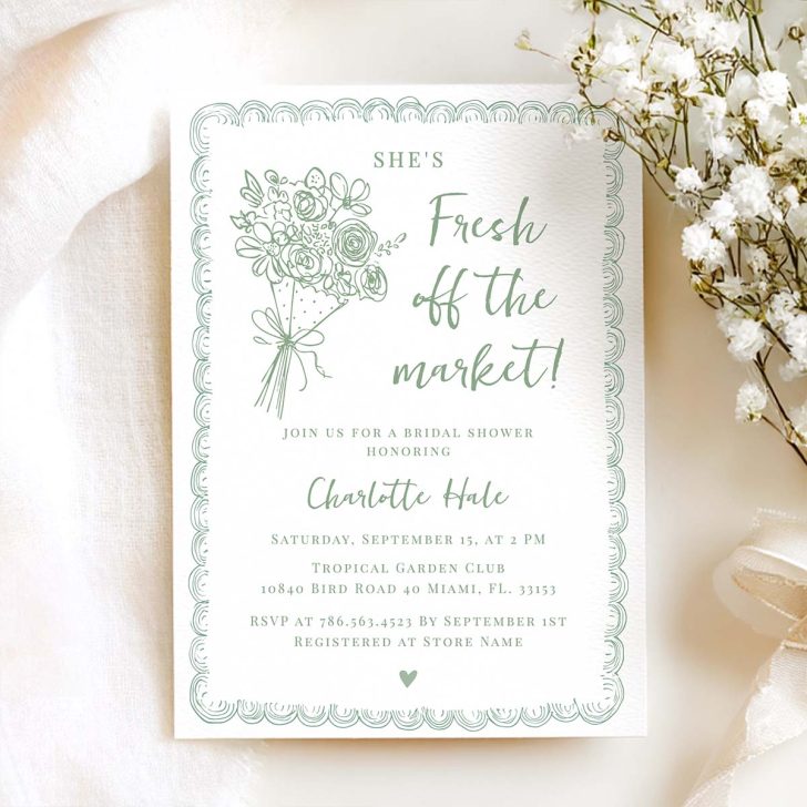 Sage green line art bridal shower invitation with hand-drawn bouquet, script text, and a scalloped frame border.