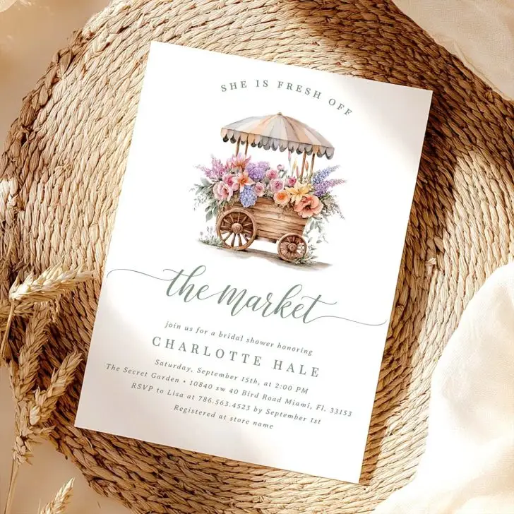 Elegant watercolor invitation with a wooden cart filled with pastel flowers and soft green typography.